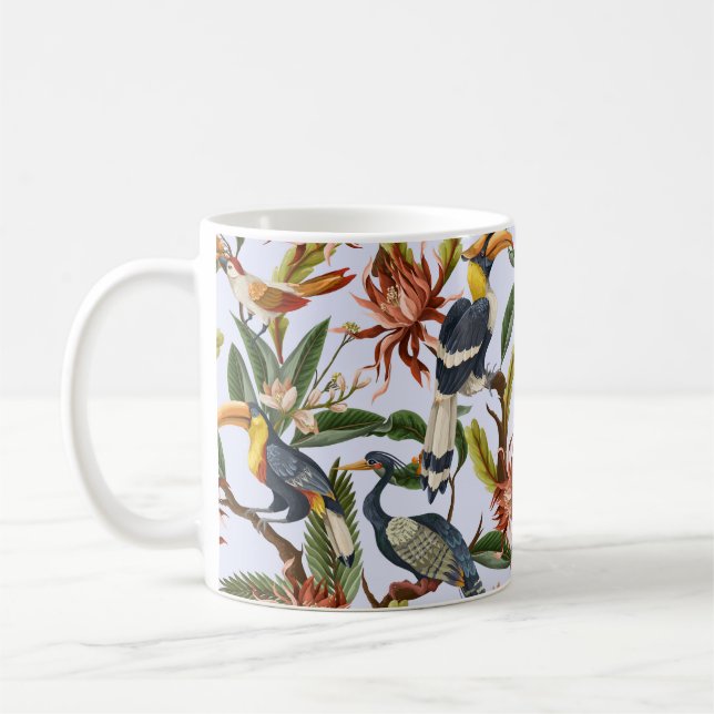 Seamless pattern with birds and tropical leaves an coffee mug (Left)