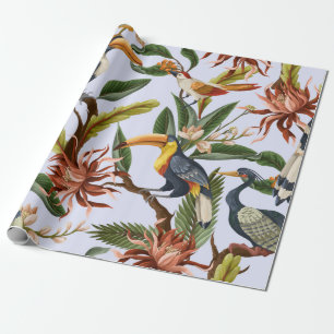 Seamless pattern with birds and tropical leaves an wrapping paper