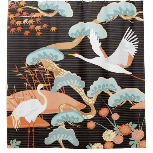 Seamless pattern with birds. Crane. Heron. Japanes Shower Curtain (Front)