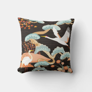 Seamless pattern with birds. Crane. Heron. Japanes Throw Pillow