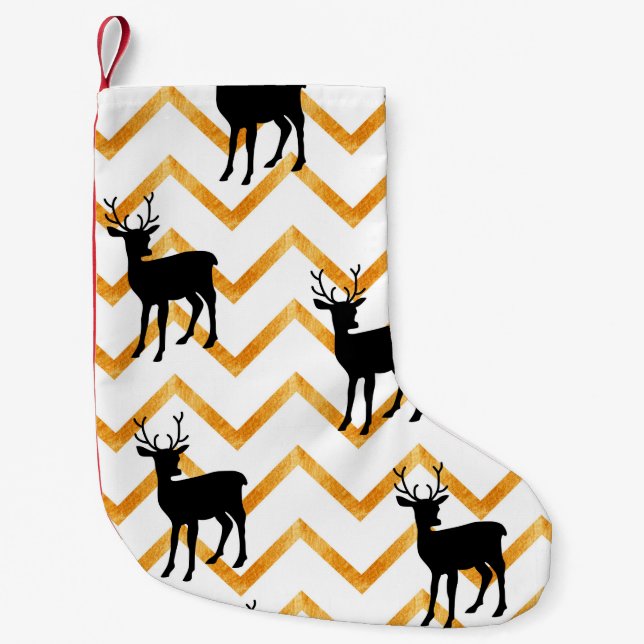 Seamless pattern with black deer and gold texture small christmas stocking (Front)