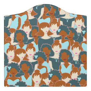 Seamless pattern with black girls and white girls door sign