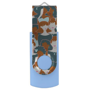 Seamless pattern with black girls and white girls flash drive