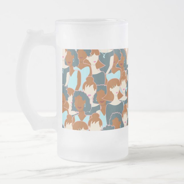 Seamless pattern with black girls and white girls frosted glass beer mug (Left)