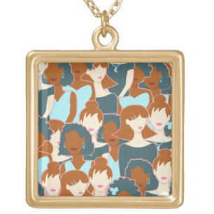 Seamless pattern with black girls and white girls gold plated necklace