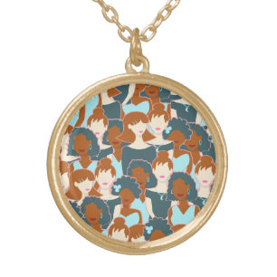 Seamless pattern with black girls and white girls gold plated necklace