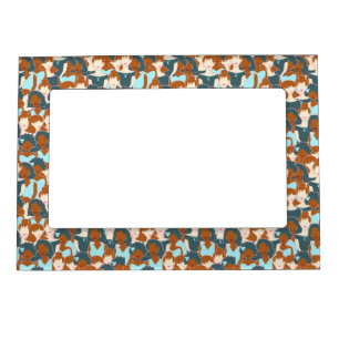 Seamless pattern with black girls and white girls magnetic frame