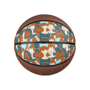 Seamless pattern with black girls and white girls mini basketball