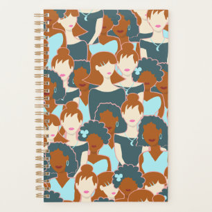 Seamless pattern with black girls and white girls planner