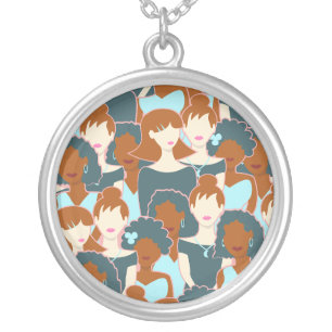 Seamless pattern with black girls and white girls silver plated necklace