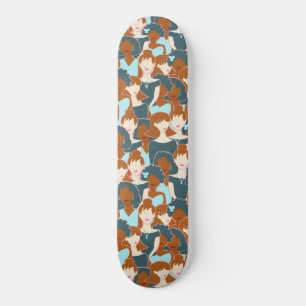 Seamless pattern with black girls and white girls skateboard