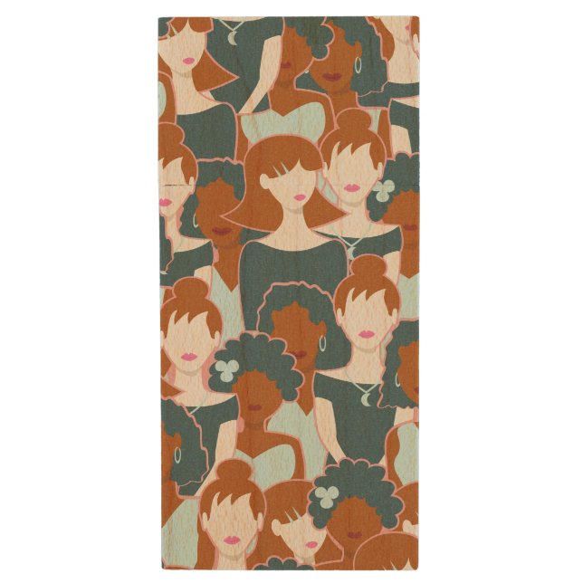 Seamless pattern with black girls and white girls wood flash drive (Front Vertical)