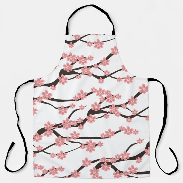 Seamless pattern with blooming cherry on a white b apron (Front)