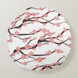 Seamless pattern with blooming cherry on a white b round pillow