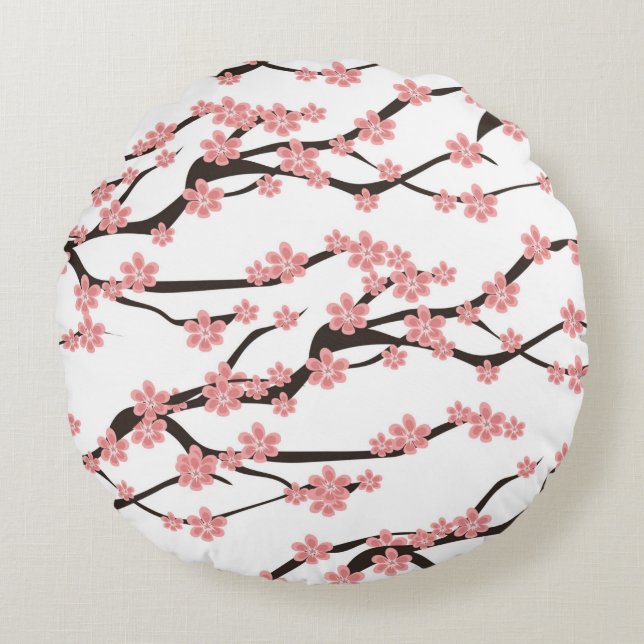 Seamless pattern with blooming cherry on a white b round pillow (Front)