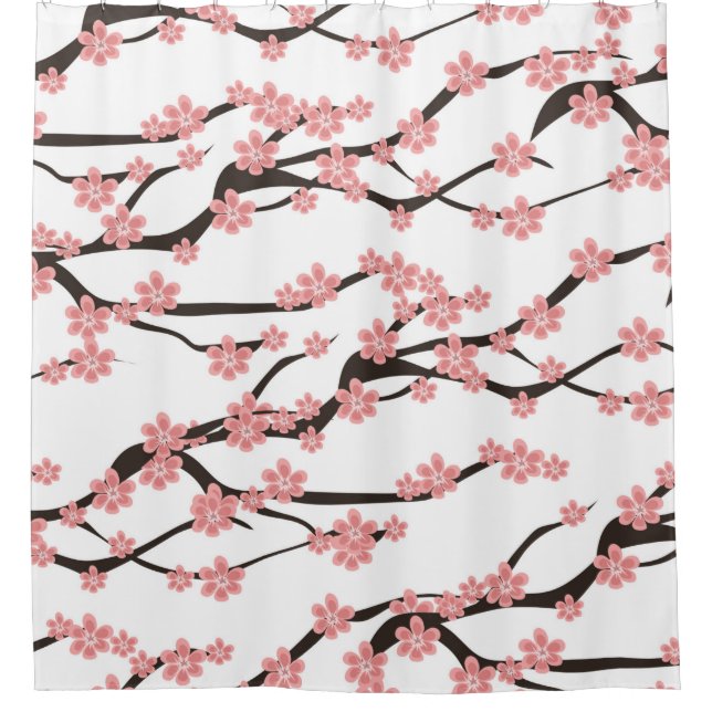 Seamless pattern with blooming cherry on a white b shower curtain (Front)