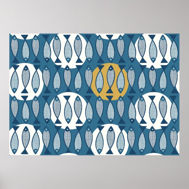 Seamless pattern with blue fish inspired by scandi poster (Front)