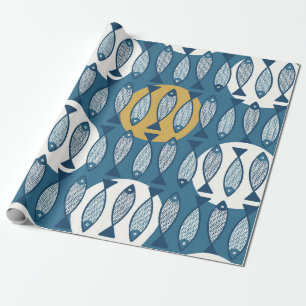 Seamless pattern with blue fish inspired by scandi wrapping paper