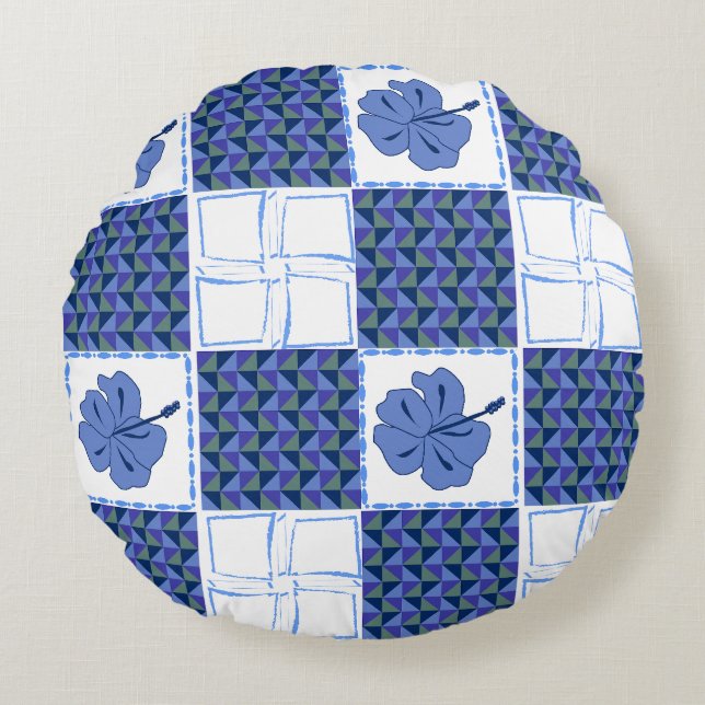 Seamless pattern with blue hand-drawn tropical round pillow (Front)
