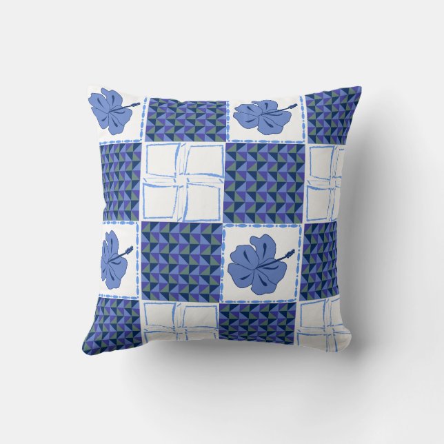 Seamless pattern with blue hand-drawn tropical throw pillow (Back)