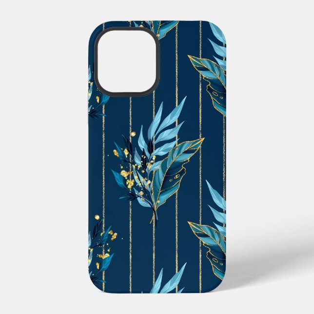 Seamless pattern with blue leaves and stripes iphone case (Back)