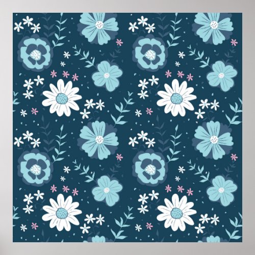 Seamless pattern with blue summer flowers on dark  poster