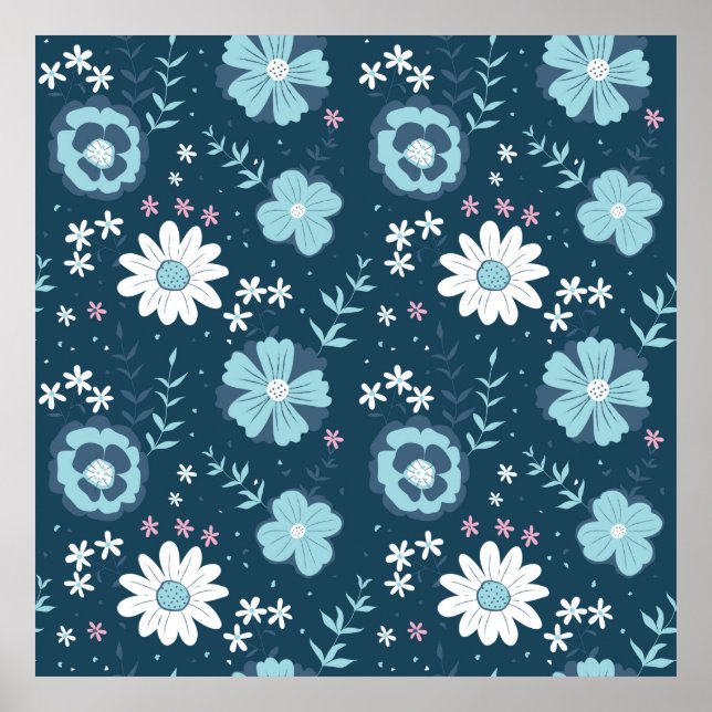 Seamless pattern with blue summer flowers on dark  poster (Front)