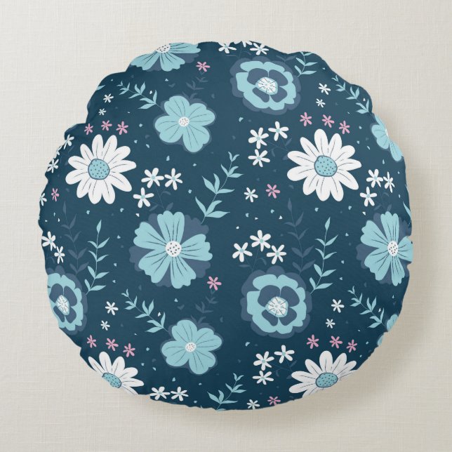 Seamless pattern with blue summer flowers on dark  round pillow (Front)