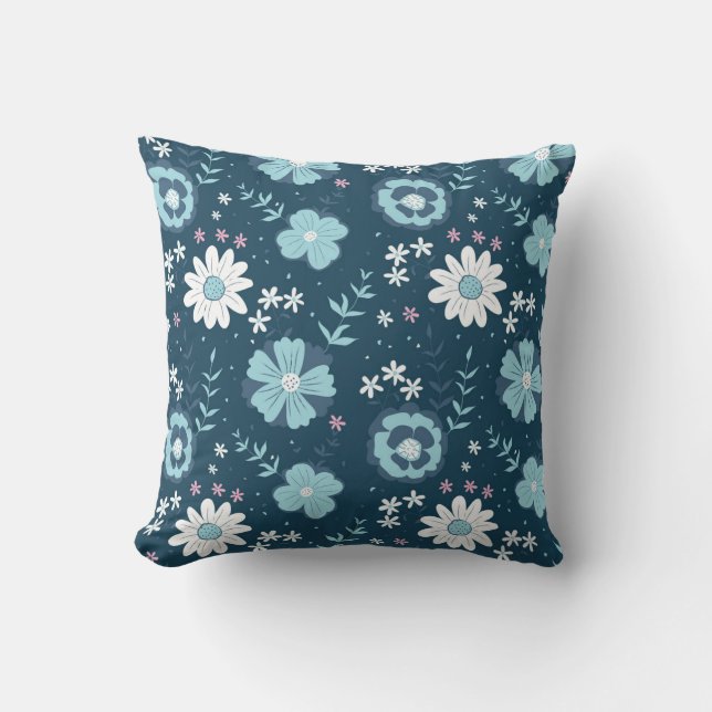 Seamless pattern with blue summer flowers on dark  throw pillow (Front)