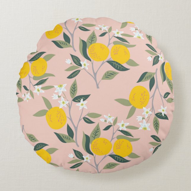 Seamless pattern with branches of oranges in bloom round pillow (Front)