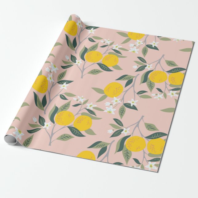 Seamless pattern with branches of oranges in bloom wrapping paper (Unrolled)