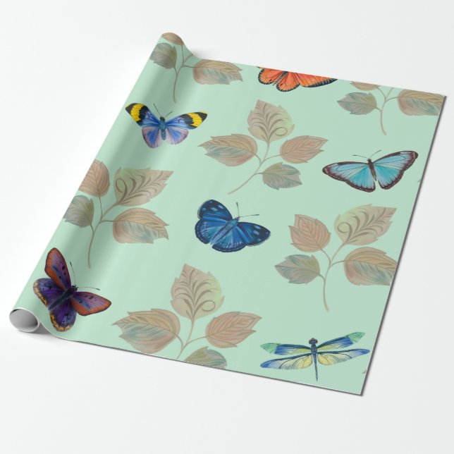 Seamless pattern with bright butterflies and branc wrapping paper (Unrolled)