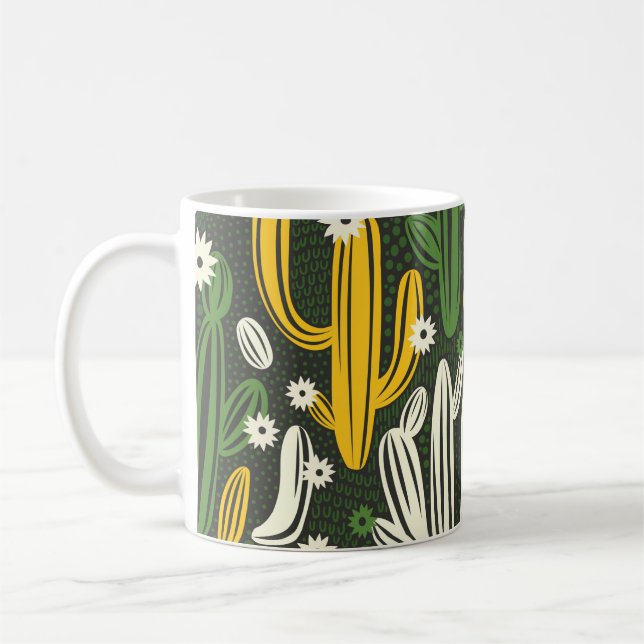 seamless pattern with cactus on black background.  coffee mug (Left)