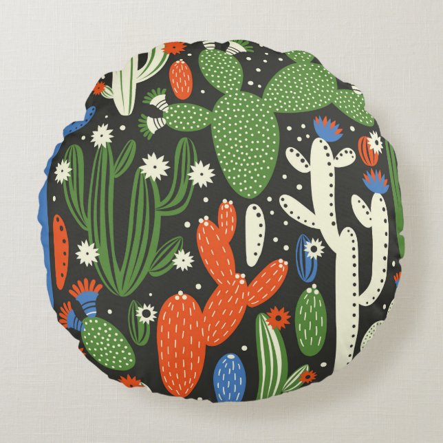 seamless pattern with cactus on black background.  round pillow (Front)