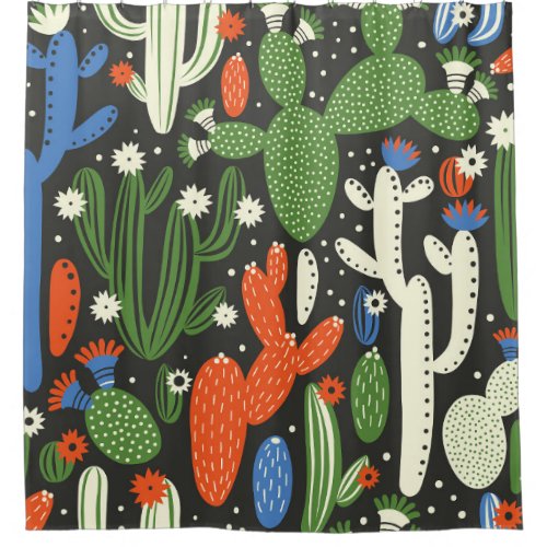 seamless pattern with cactus on black background  shower curtain