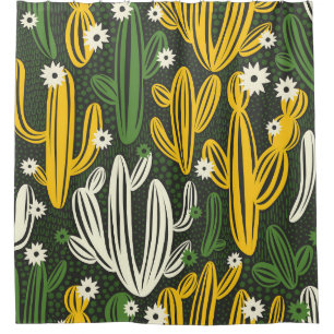 seamless pattern with cactus on black background.  shower curtain
