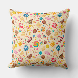 Seamless pattern with candies, lollipops, beige ba throw pillow