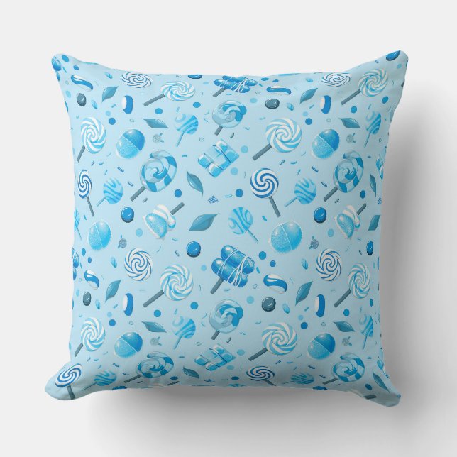 Seamless pattern with candies, lollipops, blue bac throw pillow (Front)