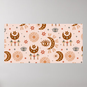 seamless pattern with celestial eye, moon, sun poster