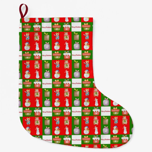Seamless pattern with Christmas theme illustration Large Christmas Stocking (Front)