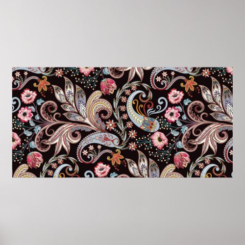 Seamless pattern with colorful paisley floral poster