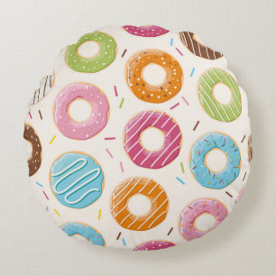 Seamless pattern with colorful tasty glossy donuts round pillow