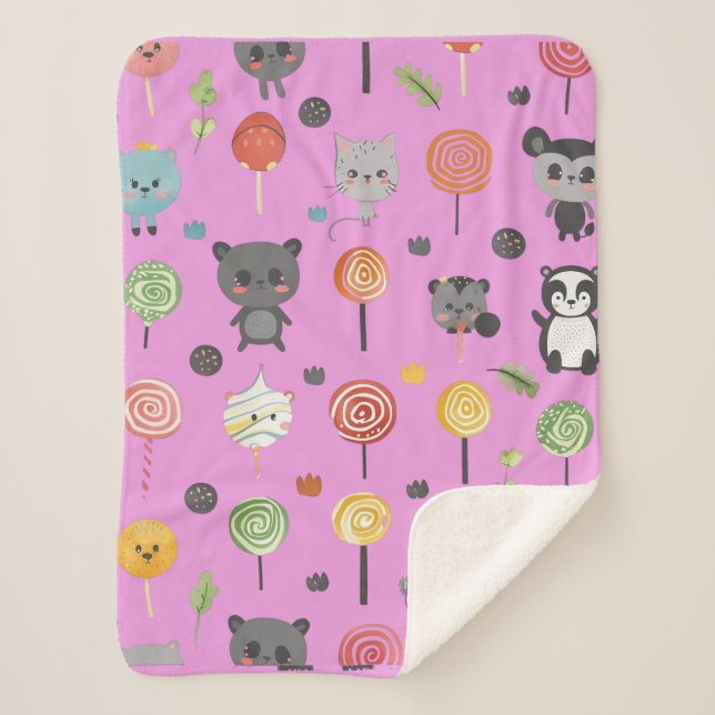 seamless pattern with cute animals pink sherpa blanket (Front)