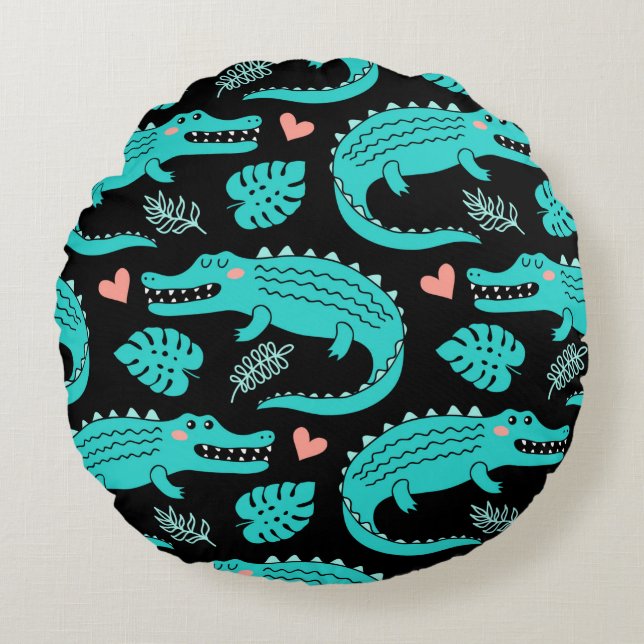 Seamless pattern with cute cartoon crocodiles round pillow (Front)