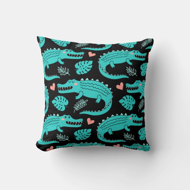 Seamless pattern with cute cartoon crocodiles throw pillow (Front)