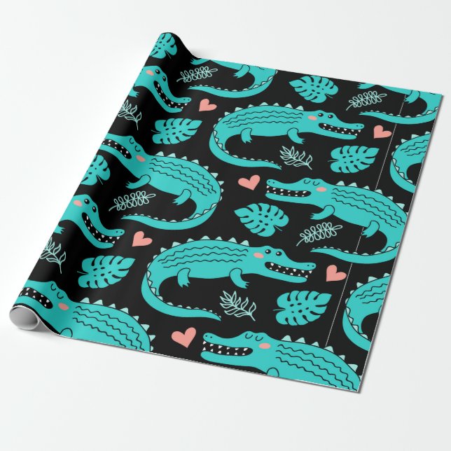 Seamless pattern with cute cartoon crocodiles wrapping paper (Unrolled)