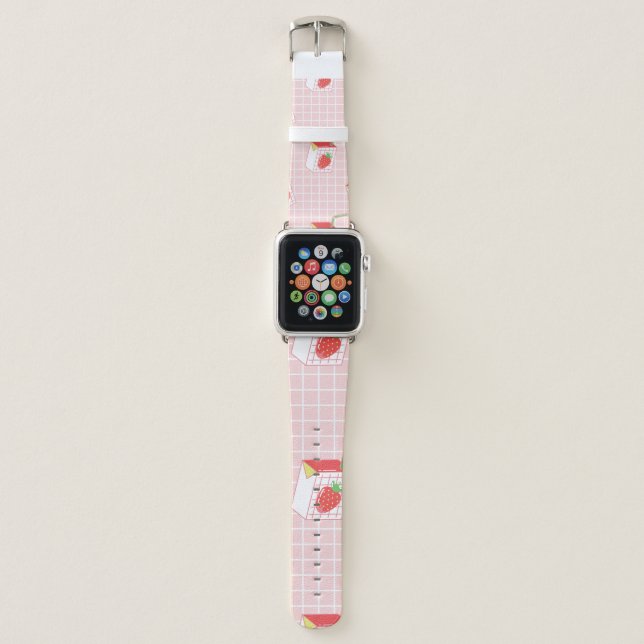 Seamless pattern with cute cartoon strawberry milk apple watch band (Front)