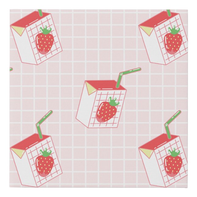 Seamless pattern with cute cartoon strawberry milk faux canvas print (Front)