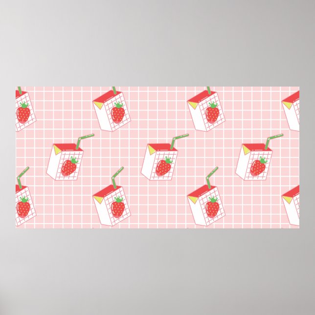 Seamless pattern with cute cartoon strawberry milk poster (Front)