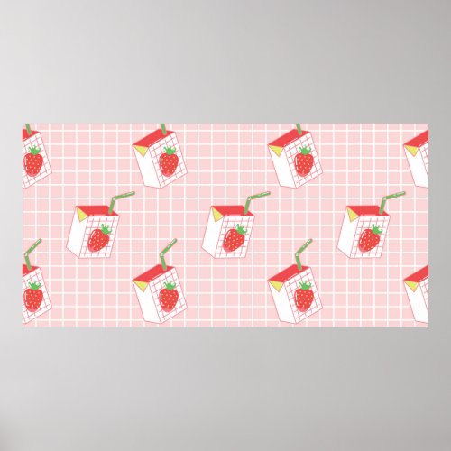 Seamless pattern with cute cartoon strawberry milk poster